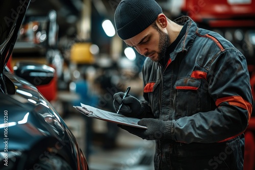 Auto check up and car service shop concept. Mechanic writing job checklist to clipboard to estimate repair quotation to client at workshop garage, Generative AI