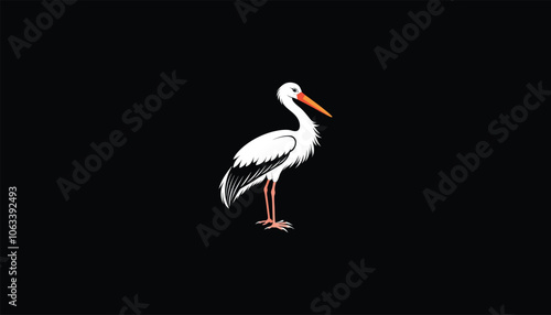 Stork Image, Circle Design, Black Background, White Outline, Elegant Bird Illustration, High-Resolution Stork Art