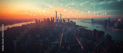 A stunning aerial view of New York City with social networking technologies illustrated above the skyline photo