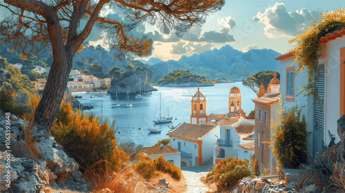 Serene Mediterranean village by a calm bay, framed by rustic stone buildings, bell towers, and lush foliage. Sailboats drift on the water, with mountains and islands in the background