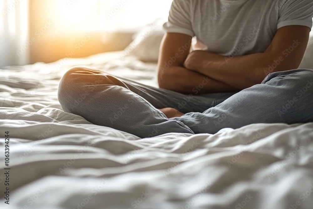 person feeling stomach pain menstruation on the bed, Generative AI person feeling stomach pain menstruation on the bed, Generative AI