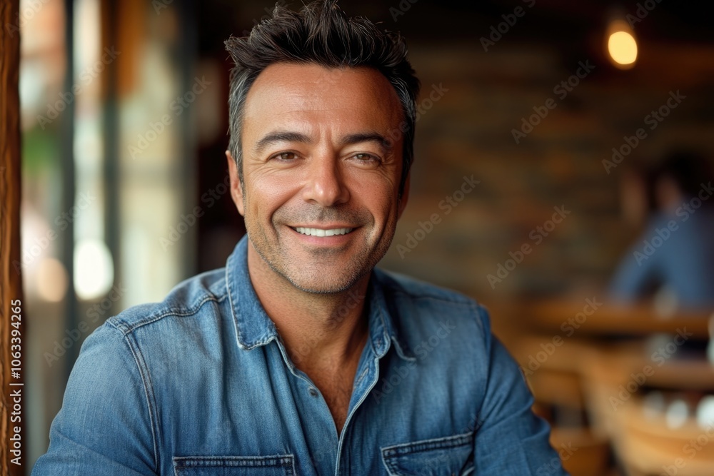 A person sitting at a table with a friendly expression A person sitting at a table with a friendly expression