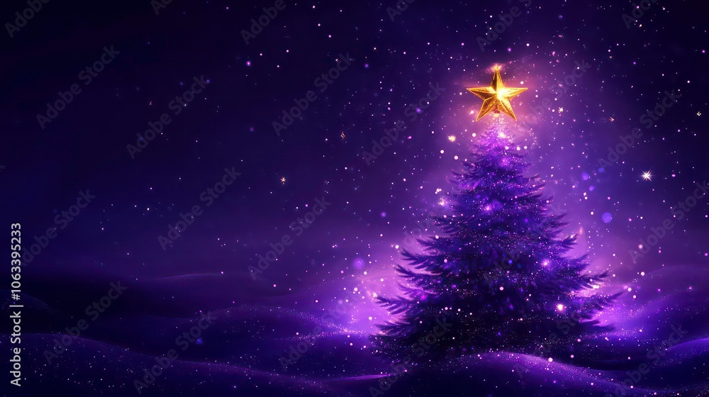 A glowing purple Christmas tree adorned with a star, surrounded by falling snowflakes. A glowing purple Christmas tree adorned with a star, surrounded by falling snowflakes.