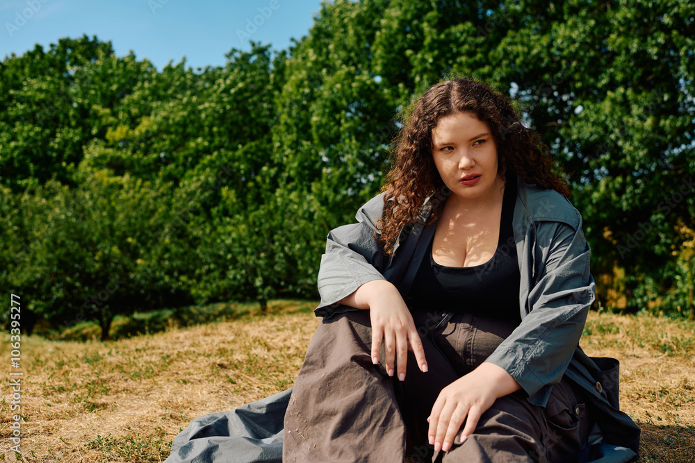 A confident plus size woman sits gracefully in a sunlit field, embraced by nature. A confident plus size woman sits gracefully in a sunlit field, embraced by nature.
