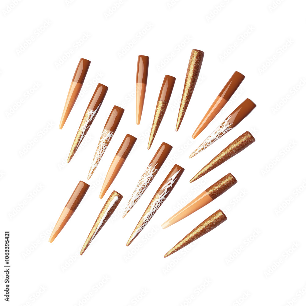 Brown and Gold Nail Tips with White Lace Design Brown and Gold Nail Tips with White Lace Design