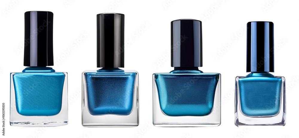 Vibrant blue nail polishes, arranged on white isolate background, showcasing various shades and finishes. Vibrant blue nail polishes, arranged on white isolate background, showcasing various shades and finishes.