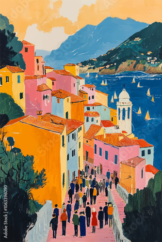 Vibrant Mediterranean village scene with colorful buildings overlooking a bay filled with sailboats. A crowd of people walks along a path, creating a lively