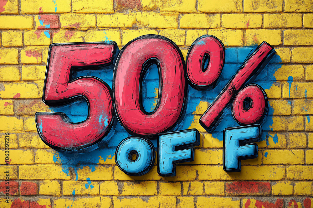 50% off wording on the wall. Discount, sale concept. 50% off wording on the wall. Discount, sale concept.