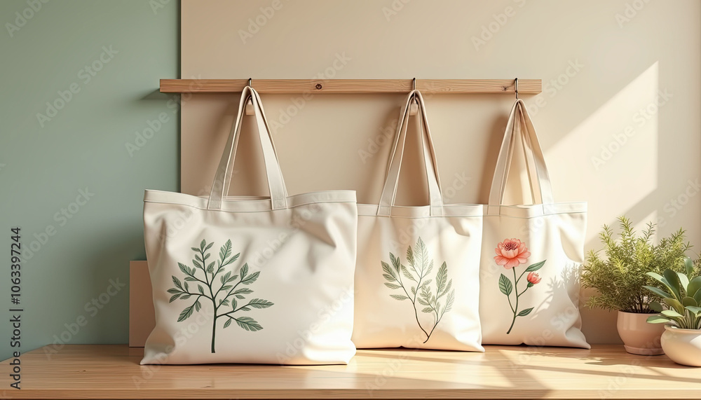 A person is holding a green and white tote bag with leaves on it A person is holding a green and white tote bag with leaves on it