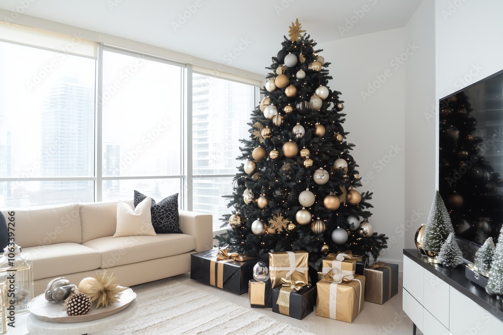 Christmas Tree In living room - 3d render beige, brown and orange colored furniture and wooden elements Christmas Tree In living room - 3d render beige, brown and orange colored furniture and wooden elements