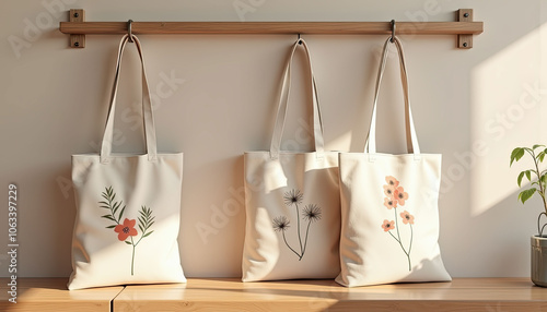 A person is holding a green and white tote bag with leaves on it