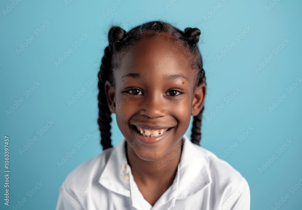 A confident young black girl in a casual cloth smiles warmly against a blue green turquoise background, ideal for promoting inclusivity and positivity in educational campaigns. A confident young black girl in a casual cloth smiles warmly against a blue green turquoise background, ideal for promoting inclusivity and positivity in educational campaigns.
