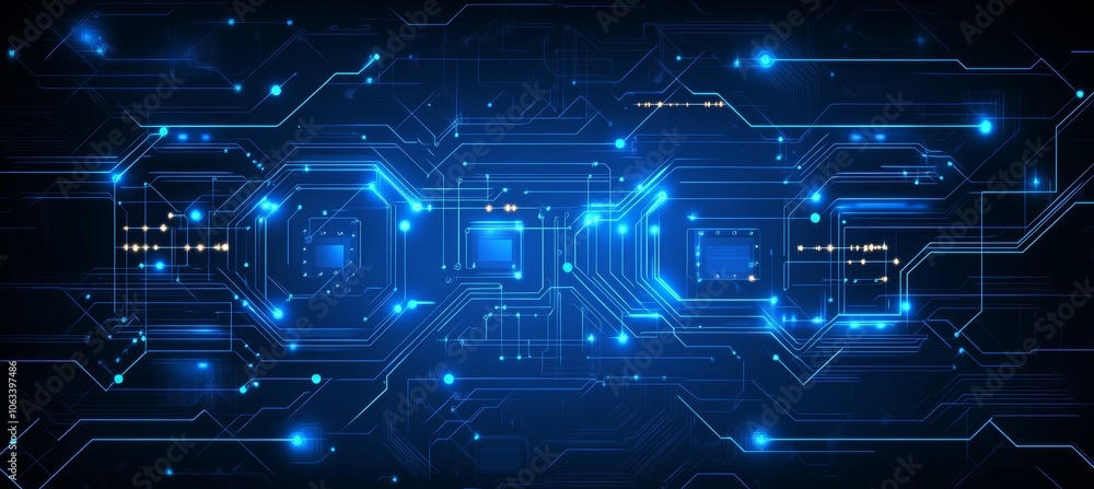 Abstract Glowing Circuit Board with Blue Lights, Technology Background, Future of Computing Abstract Glowing Circuit Board with Blue Lights, Technology Background, Future of Computing