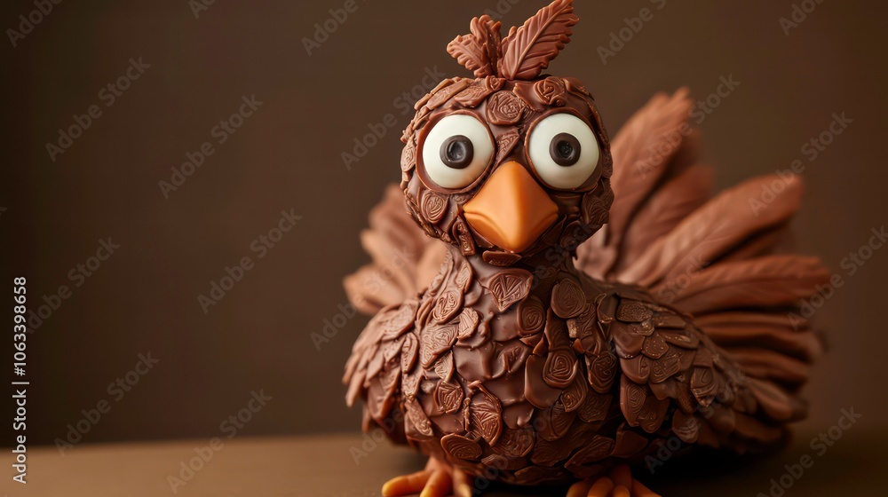 A whimsical chocolate bird with large eyes and feather-like details, crafted for dessert. A whimsical chocolate bird with large eyes and feather-like details, crafted for dessert.
