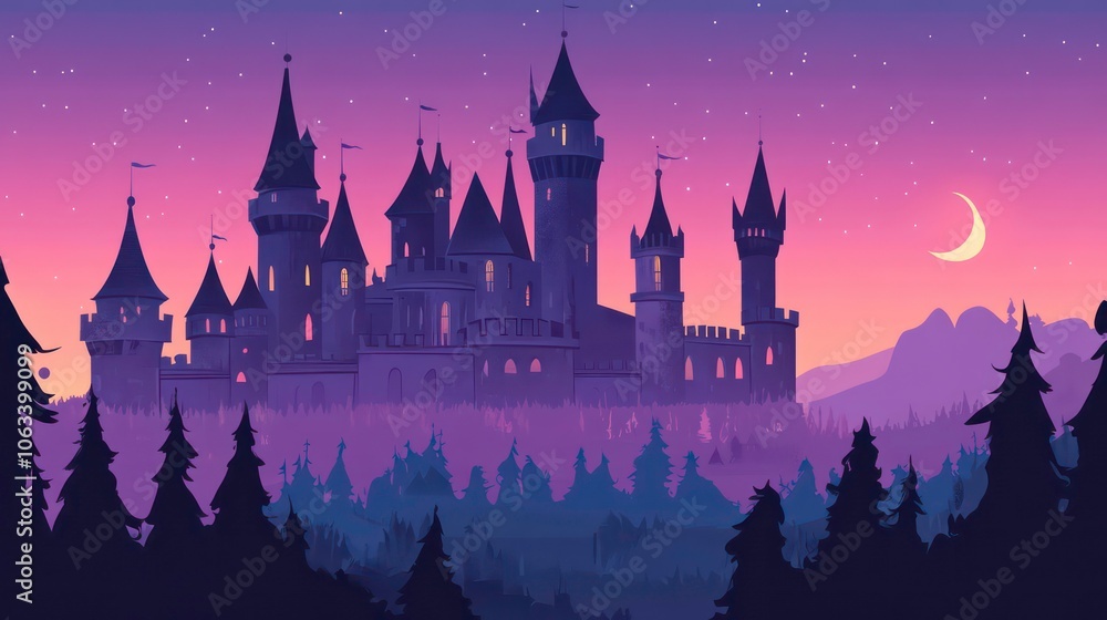 A mystical castle silhouette against a twilight sky, evoking fantasy and adventure. A mystical castle silhouette against a twilight sky, evoking fantasy and adventure.