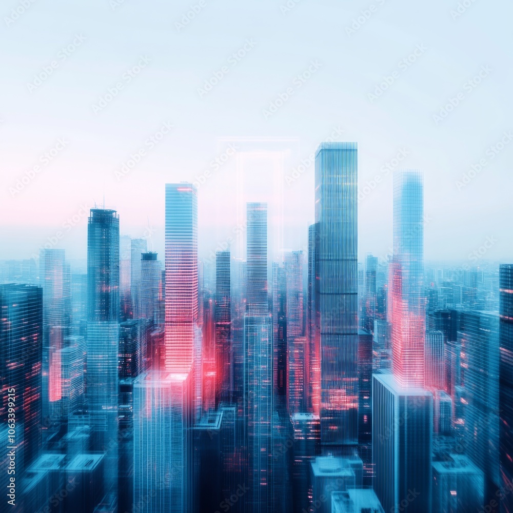 A blurred city skyline at dusk, showcasing modern skyscrapers and lights. A blurred city skyline at dusk, showcasing modern skyscrapers and lights.