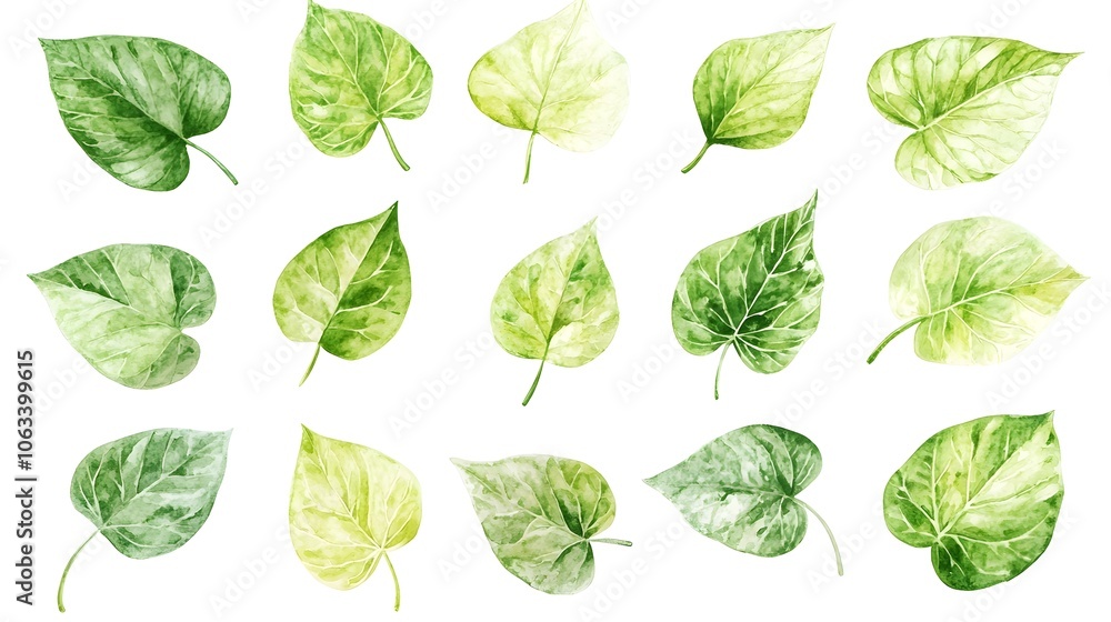 Vibrant Watercolor Leaves in Circular Pattern Symbolizing Renewal and Growth on White Background Vibrant Watercolor Leaves in Circular Pattern Symbolizing Renewal and Growth on White Background