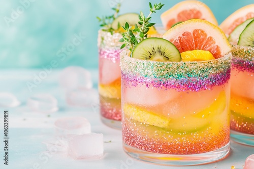 vibrant cocktail with layered flavors and colors, garnished with edible glitter, fruit slices, and a sprig of herbs; eye catching and whimsical, bright pinks photo