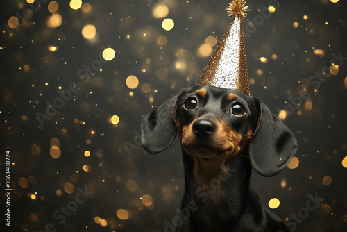 adorable dachshund wearing a party hat on a dark background with gold particles, funny party animal,