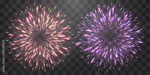 Vector festive fireworks isolated on png. New Year's Eve fireworks with brightly shining sparks. Realistic sparks and explosions. Colorful pyrotechnics show. Vector isolated on png background.