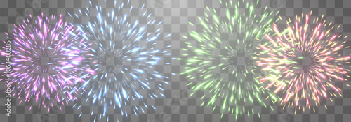 Vector festive fireworks isolated on png. New Year's Eve fireworks with brightly shining sparks. Realistic sparks and explosions. Colorful pyrotechnics show. Vector isolated on png background