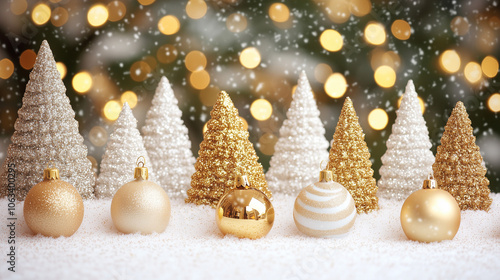 Christmas background with golden and white Christmas trees on snow, with bokeh lights and falling glittery ornaments. Winter scene for holiday greeting card or festive decoration.