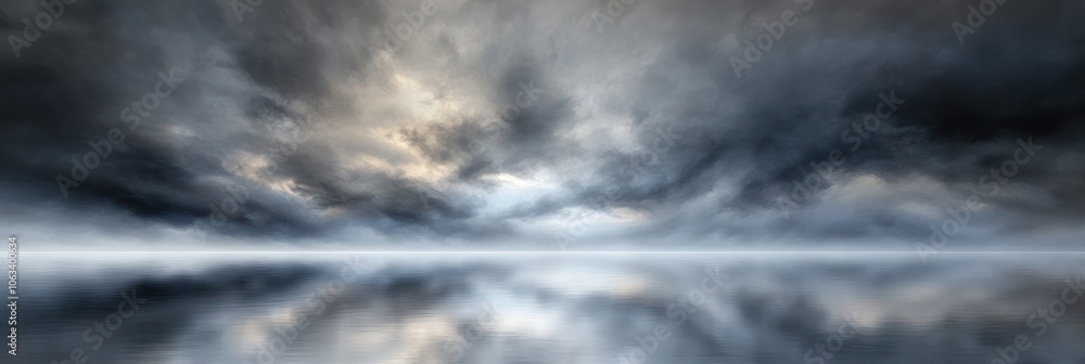 Obraz premium Dramatic stormy sky with soft, gray clouds and a distant horizon reflecting in still water.