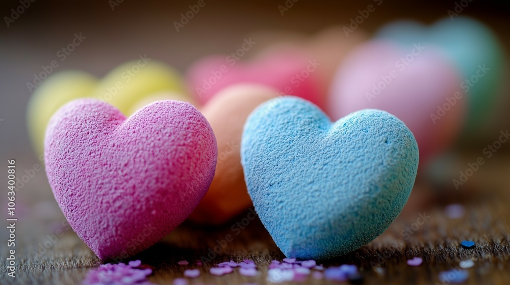 Obraz premium Pastel colored textured heart shapes on wooden surface with soft bokeh background for love and romance theme