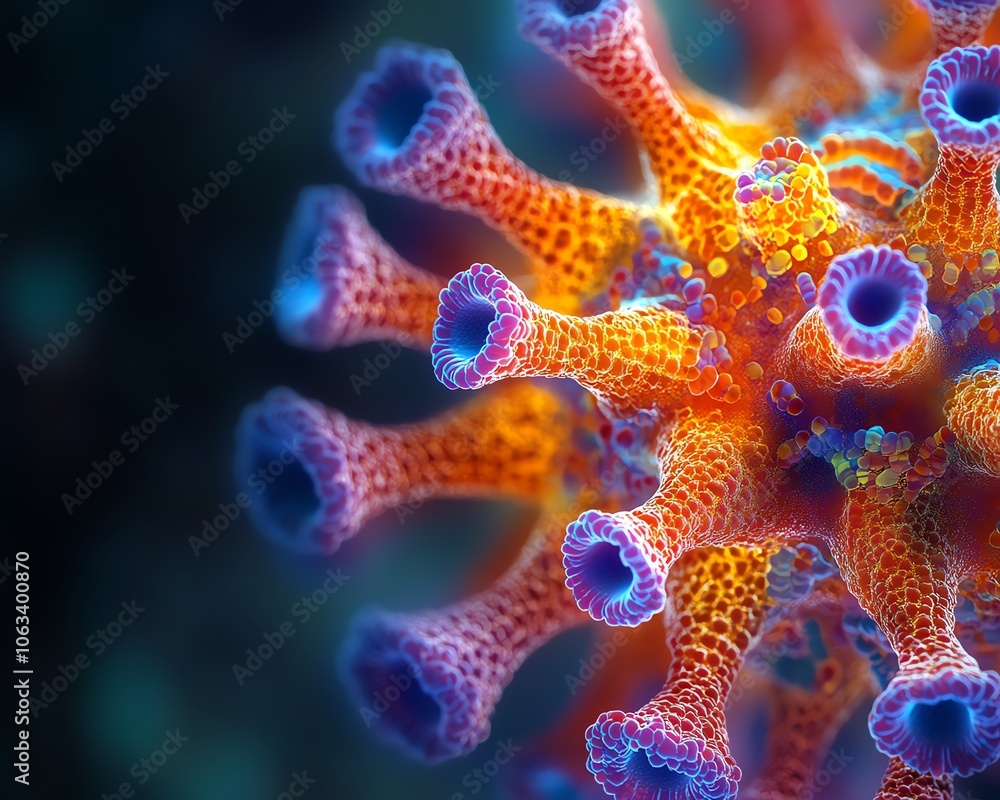 Fototapeta premium A striking closeup illustration of a virus particle, showcasing its intricate structure and detailed surface features in vibrant colors against a dark background