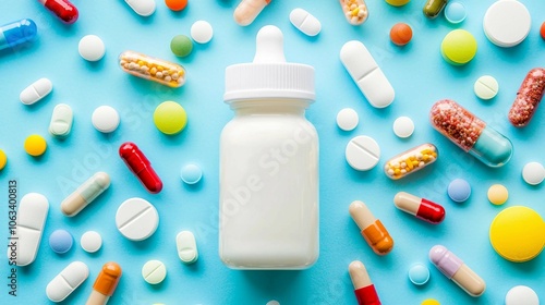 Baby Bottle Surrounded by Various Pills on a Blue Background photo