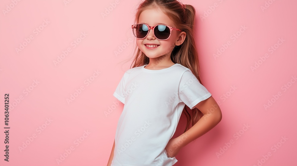Fototapeta premium Stylish young girl in sunglasses and white t-shirt posing confidently against a pink background with copy space