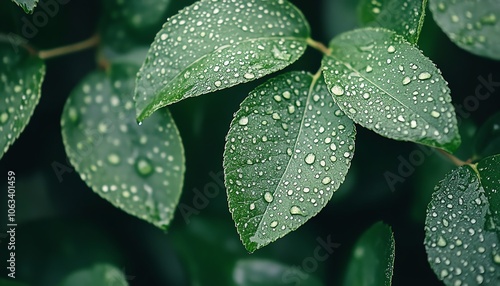 A stunning closeup image of green leaves adorned with crystalclear water droplets, showcasing the beauty of nature and the freshness after a rain shower