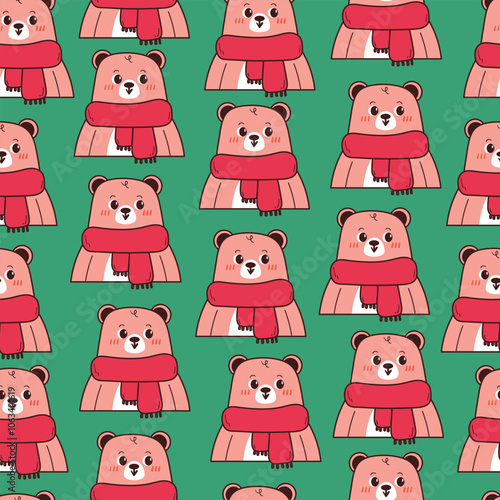 ute seamless pattern cartoon bear with pink scarf. animal winter wallpaper for fabric print, gift wrap paper