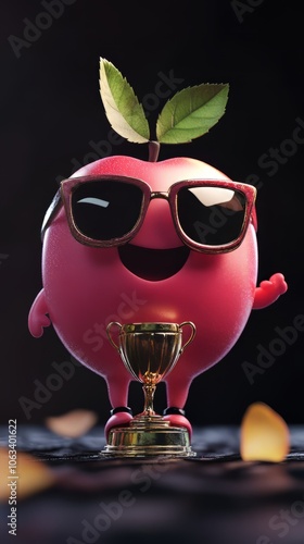 
cute chibbi 3d blender apple character wearing gangster meme sunglasses holding a champion trophy  photo