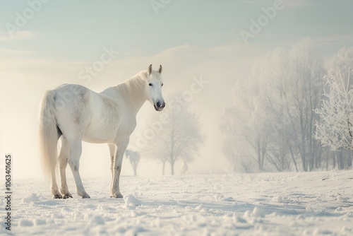 3D White Horse in Snowy Landscape