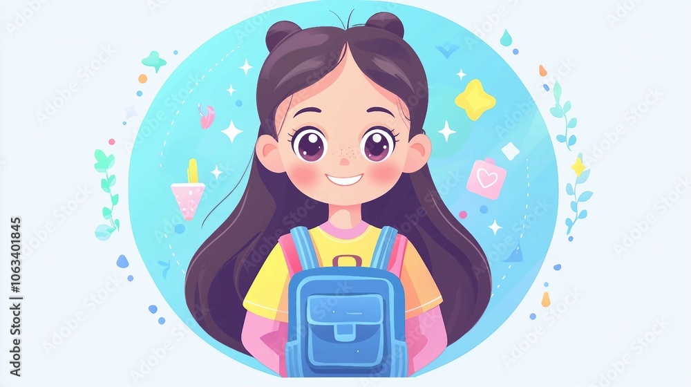 Happy Girl with Backpack in Vector Style Illustration Happy Girl with Backpack in Vector Style Illustration