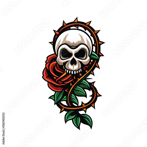 A vector illustration of a single rose, its stem wrapped around a human skull, showcasing the contrast between beauty and mortality.