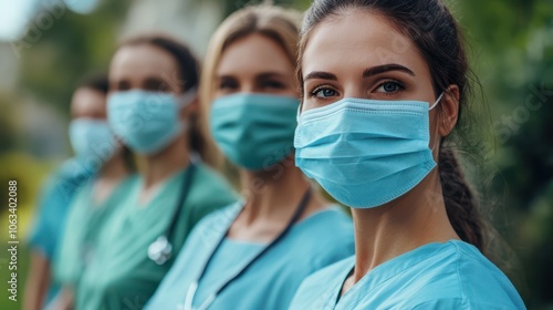 Group of focused medical professionals wearing protective surgical masks and scrubs, standing in a line outdoors. The image emphasizes teamwork, dedication, and the importance of healthcare