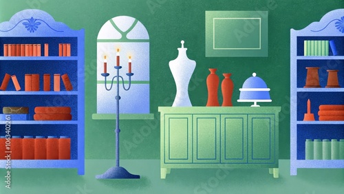 Vintage home decor with shelves, candlesticks, and vases in pastel shades