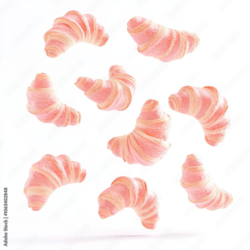 Pink croissants in the air on white background Pink croissants in the air on white background