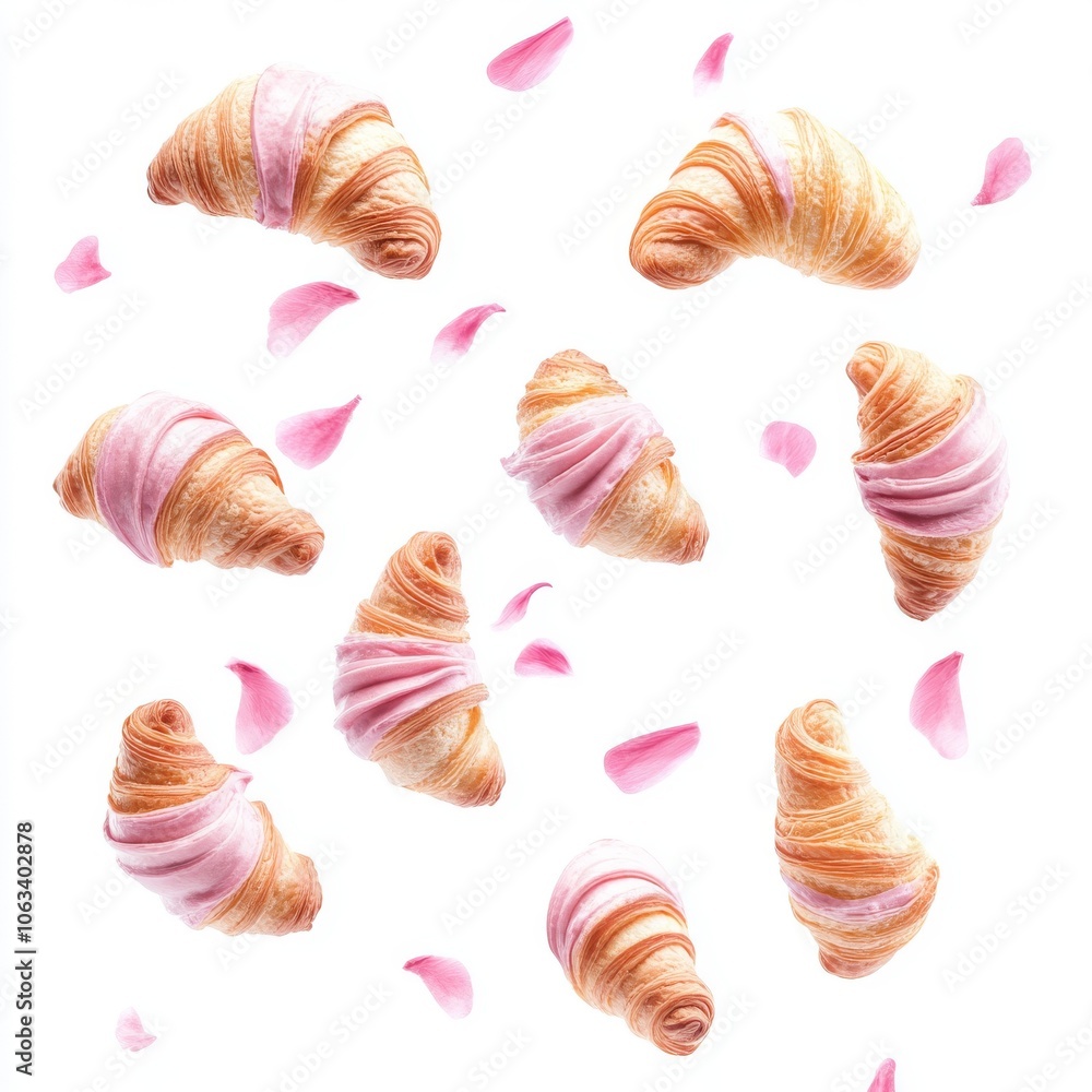 Pink croissants in the air on white background Pink croissants in the air on white background
