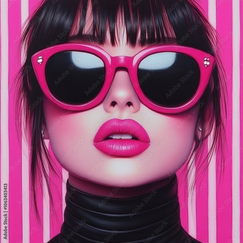 A stylish woman with pink sunglasses and bold makeup against striped background. A stylish woman with pink sunglasses and bold makeup against striped background.