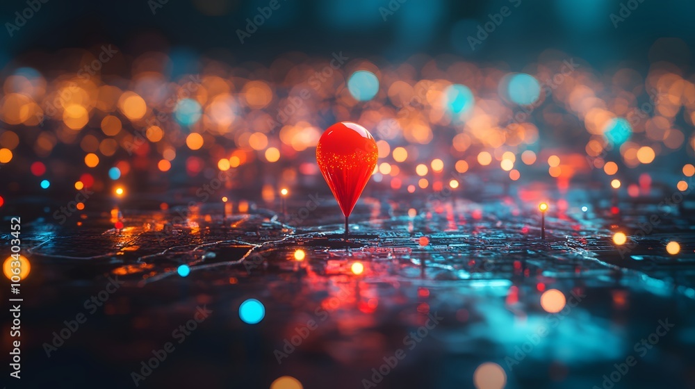 Location pin markers photographed on map with red pin in focus, surrounded by blurred colorful pins, captured with shallow depth of field and soft bokeh lighting effects. Location pin markers photographed on map with red pin in focus, surrounded by blurred colorful pins, captured with shallow depth of field and soft bokeh lighting effects.