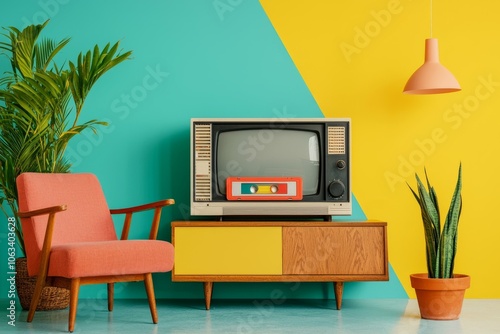 Retro living room with colorful walls, vintage TV, chair, and plants. photo