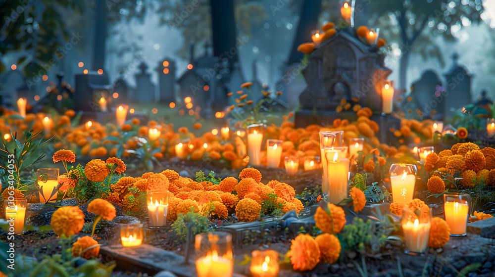 Lots of lit candles and yellow marigold flowers at the cemetery. Celebrating All Saints Day at graveyard at night Lots of lit candles and yellow marigold flowers at the cemetery. Celebrating All Saints Day at graveyard at night
