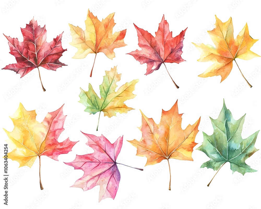 Vibrant Watercolor Maple Leaves Scattered on White Background in Autumn Essence Vibrant Watercolor Maple Leaves Scattered on White Background in Autumn Essence