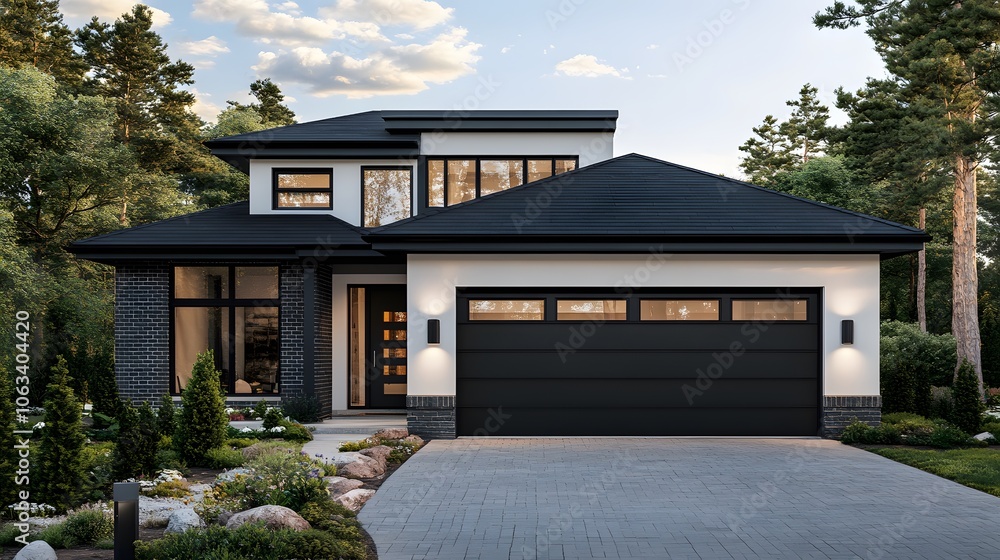 Contemporary black horizontal slat garage door with white exterior walls and brick accents, featuring clean driveway design and manicured landscaping in natural daylight. Contemporary black horizontal slat garage door with white exterior walls and brick accents, featuring clean driveway design and manicured landscaping in natural daylight.