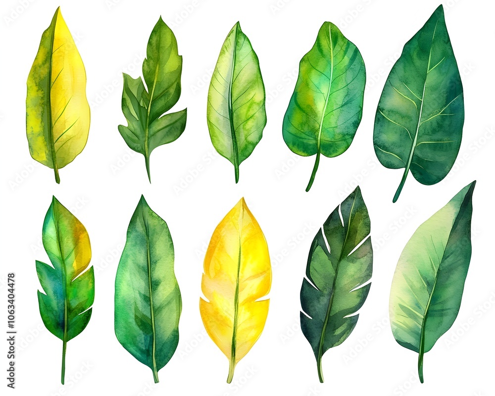 Fototapeta premium Luxurious Tropical Watercolor Leaf Set on White Background with Gradient Shades