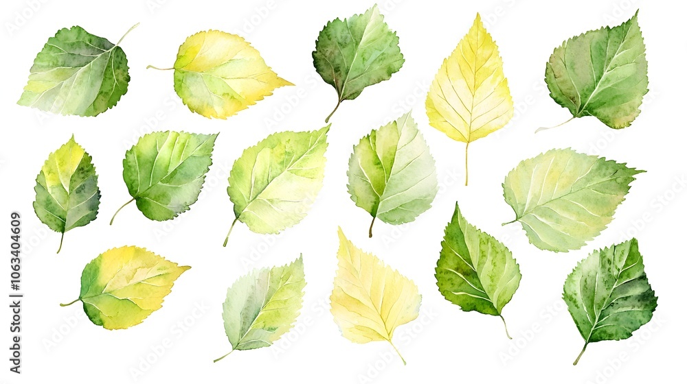 Delicate Birch Leaves in Soft Shades of Green and Yellow Arranged on White Background Symbolizing the Fresh Energy of Spring Delicate Birch Leaves in Soft Shades of Green and Yellow Arranged on White Background Symbolizing the Fresh Energy of Spring