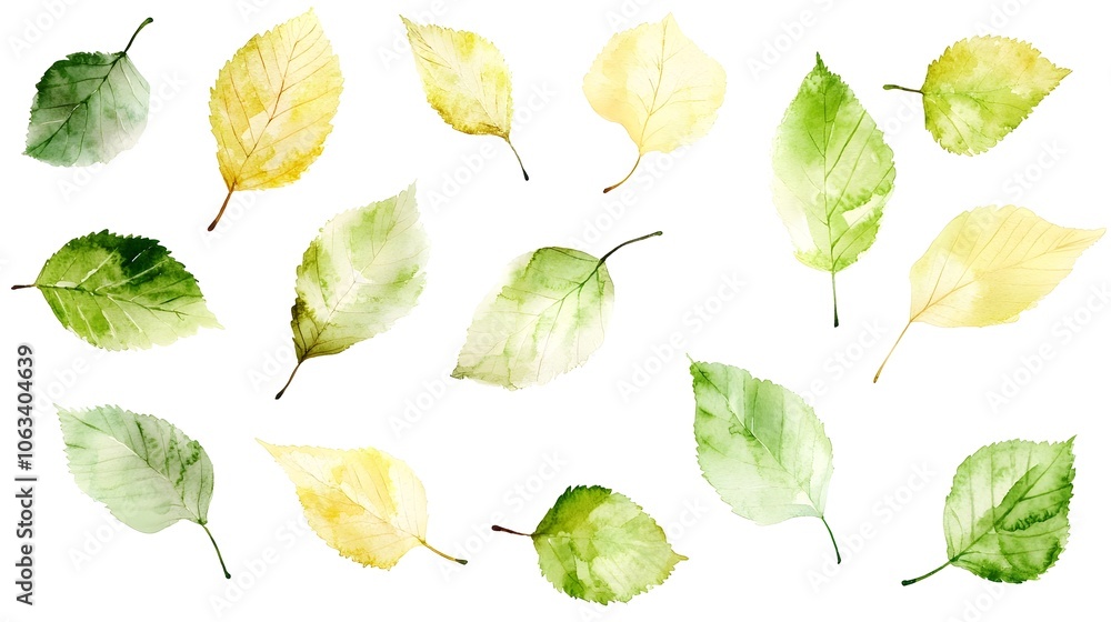Delicate Birch Leaves in Soft Green and Yellow Shades Arranged Randomly on White Background Symbolizing Fresh Spring Energy Delicate Birch Leaves in Soft Green and Yellow Shades Arranged Randomly on White Background Symbolizing Fresh Spring Energy